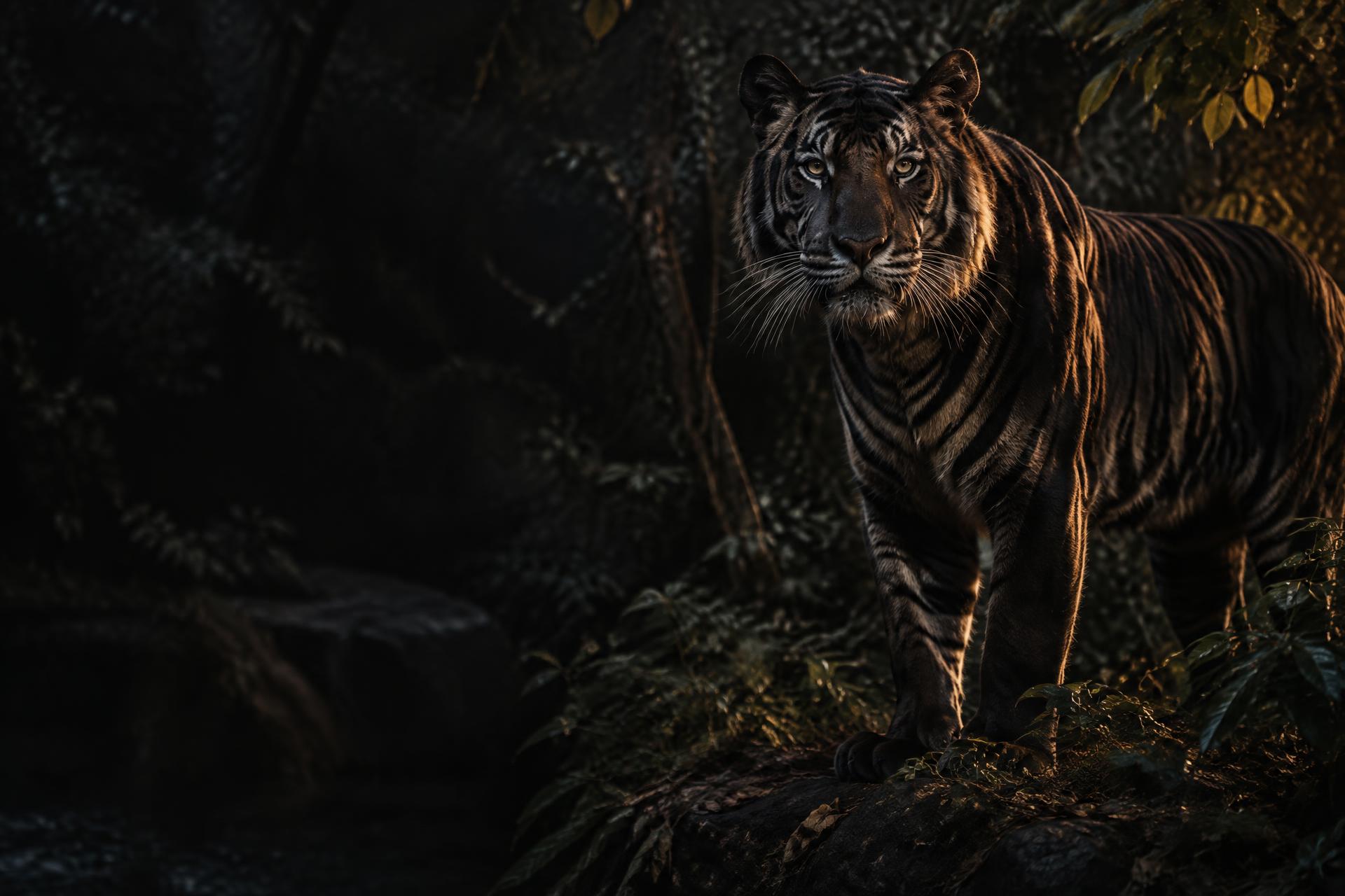 Black tiger standing in a shadowed jungle